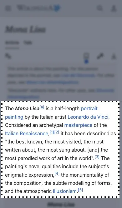 Screenshot of https://en.wikipedia.org/wiki/Mona_Lisa with the Largest Contentful Paint element outlined